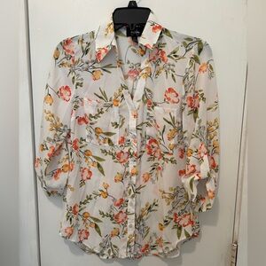 By & By: White/Yellow/Orange Flowers, Button-Up 3/4 & Long Sleeve Blouse, Sz: XS